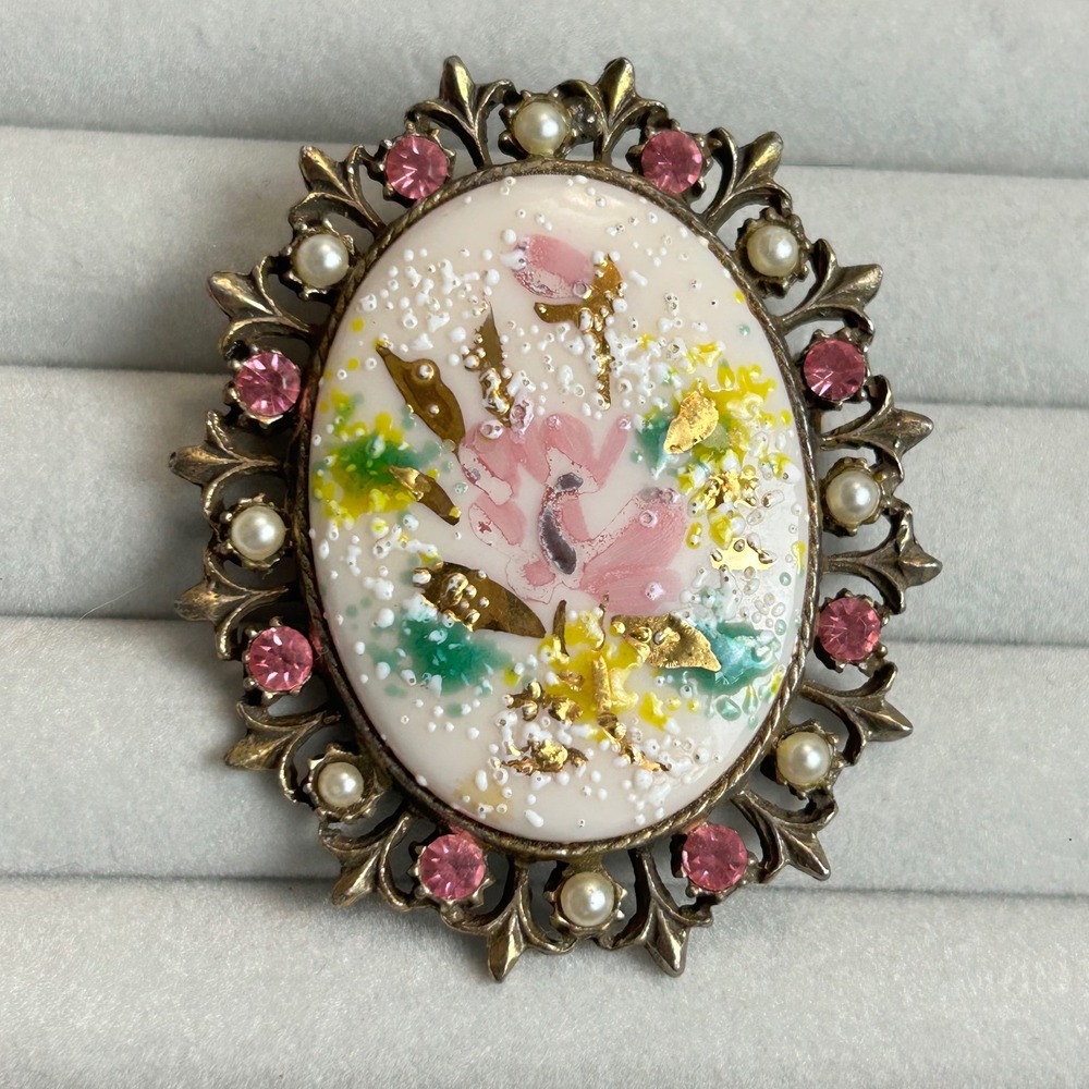Hand Painted Floral Brooch Pendant Pink Rhinestone Faux Pearl Gold Tone Vintage